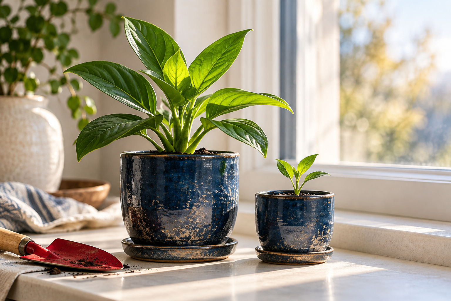 Morning growth in navy pots representing coaching the whole person