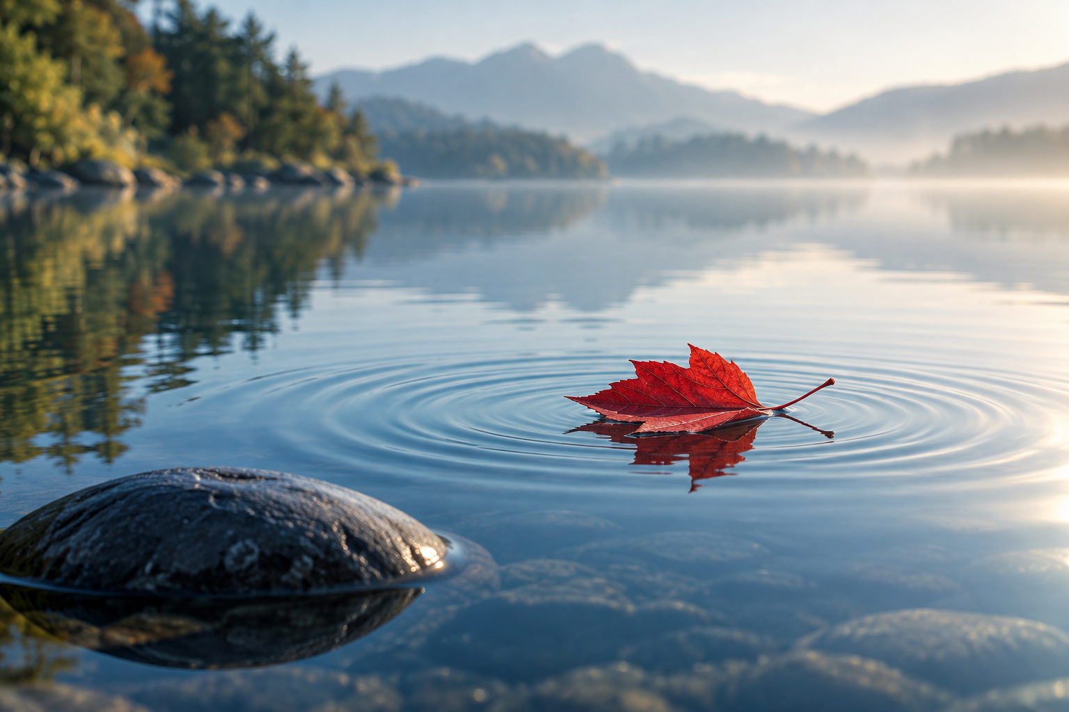 Red leaf on still water representing learning and growth
