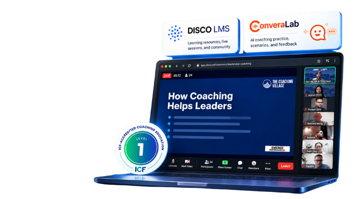 3D illustration of an online coaching session with DISCO LMS and ConveraLab for TPC Level 1