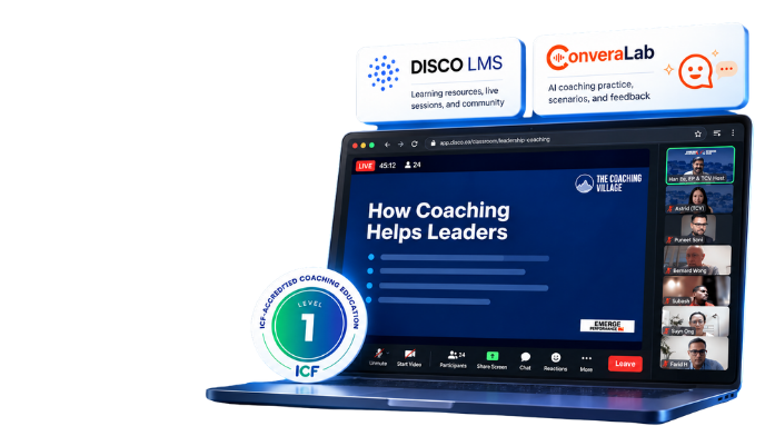 3D illustration of an online coaching session with DISCO LMS and ConveraLab for TPC Level 1