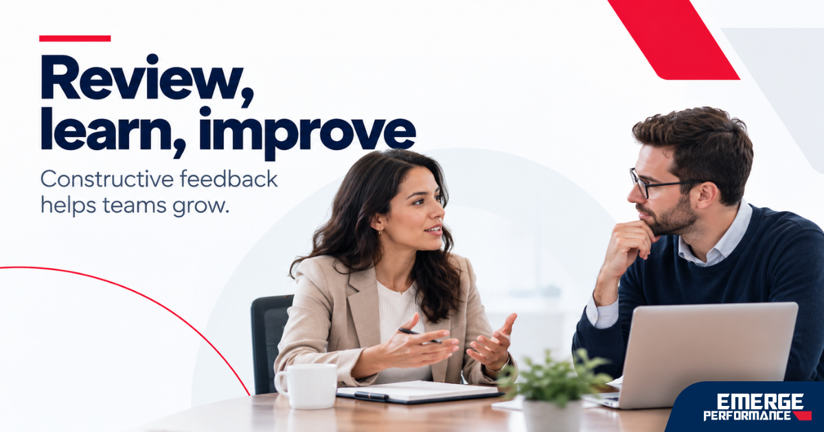 A manager and colleague discussing feedback and next steps in a workplace meeting.